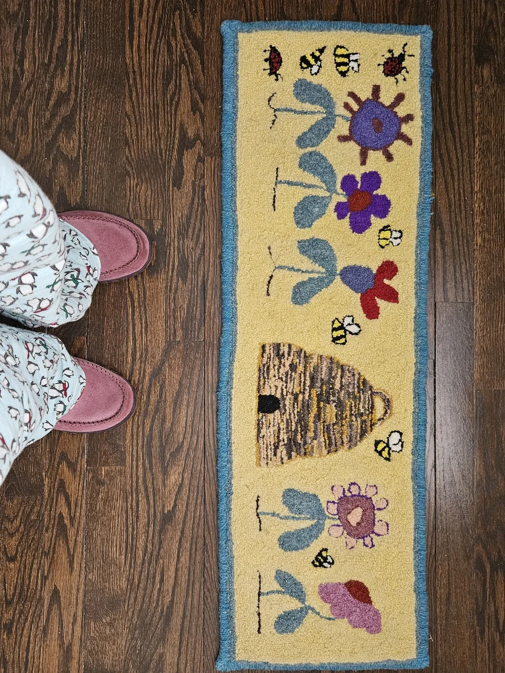 Yellow Beehive Hooked Door Mat Or Table Runner with Floral & Bee Motif